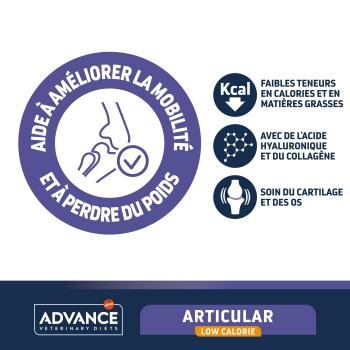 Nourriture pour animaux étiquetée "Advance Veterinary Diets" avec un graphique circulaire pour la mobilité et la perte de poids, présentant des icônes pour les faibles calories et les soins articulaires.