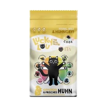 Beutel 'Lucky Lou' Kätzchenfutter mit schwarzer Cartoon-Katze, Text 'Young, Wild & Huhngry!' und 'Geflügel & Frisches Huhn / Poultry & Fresh Chicken'.