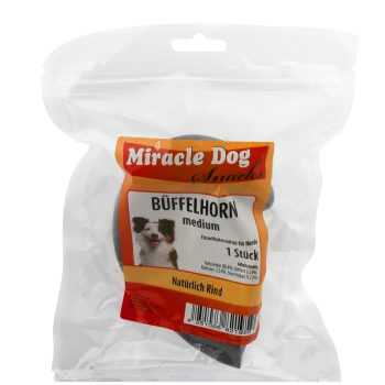Miracle Dog Snacks Büffelhorn mittelgroßer Hundekauartikel, natürliches Rindfleisch, Einzelstück, deutscher Text auf durchsichtigem wiederverschließbarem Beutel.