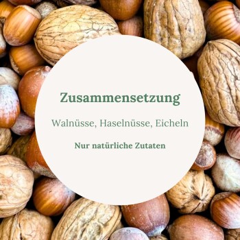 Nahaufnahme von Walnüssen und Haselnüssen mit einem kreisförmigen Overlay mit der Aufschrift "Zutaten: Walnüsse, Haselnüsse, Eicheln. Nur natürliche Zutaten."