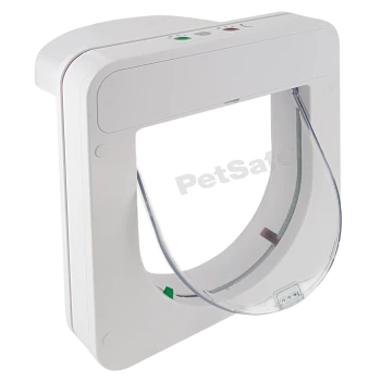 Porte pour animaux de compagnie blanche avec un clapet transparent, avec un voyant lumineux vert et rouge, étiqueté "PetSafe."