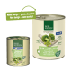 Zwei "Real Nature" Hundefutterdosen mit der Aufschrift "Kalb mit Brokkoli" im grünen Design und einer Sprechblase, die sagt "Neues Design – gleiche Qualität!"