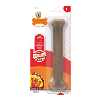 Dog chew toy in a package, labeled "Nylabone Extreme Chew," featuring a bacon flavor, designed for aggressive chewers, size L.