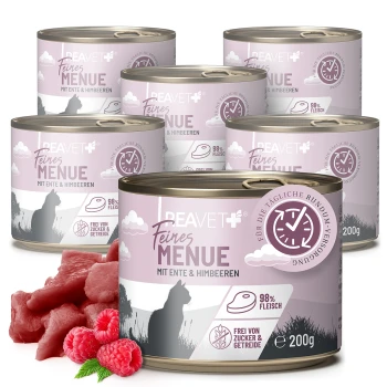 Dosen von BEAVET Feines Menü mit Ente und Himbeeren, mit 98% Fleisch, frei von Zucker und Getreide, mit frischem Fleisch und Himbeeren im Vordergrund.