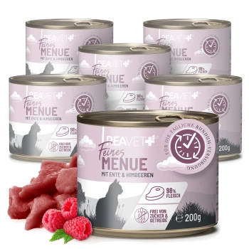 Dosen von BEAVET Feines Menü mit Ente und Himbeeren, mit 98% Fleisch, frei von Zucker und Getreide, mit frischem Fleisch und Himbeeren im Vordergrund.