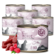 Dosen von BEAVET Feines Menü mit Ente und Himbeeren, mit 98% Fleisch, frei von Zucker und Getreide, mit frischem Fleisch und Himbeeren im Vordergrund.