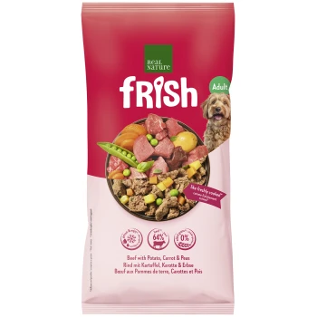 Real Nature ‚frish‘ Adult-Hundefutterbeutel, rötlich-pink, Badge „NEW - NEU“, Schüssel mit Rindfleisch, Kartoffel, Karotte und Erbsen