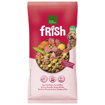 Real Nature ‚frish‘ Adult-Hundefutterbeutel, rötlich-pink, Badge „NEW - NEU“, Schüssel mit Rindfleisch, Kartoffel, Karotte und Erbsen