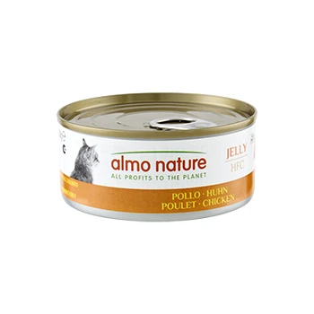 Boîte de nourriture pour chats Almo Nature, gelée HFC saveur poulet (Pollo/Huhn/Poulet) ; silhouette de chat et texte « Tous les bénéfices pour la planète ».
