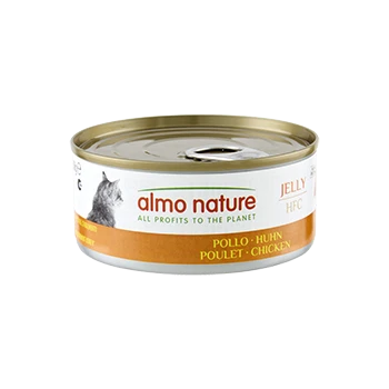 Boîte de nourriture pour chats Almo Nature, gelée HFC saveur poulet (Pollo/Huhn/Poulet) ; silhouette de chat et texte « Tous les bénéfices pour la planète ».