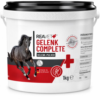 1 kg Behälter REAVET Gelenk Complete Pulver für Pferde, beschriftet mit einem galoppierenden schwarzen Pferd und "Made in Germany."
