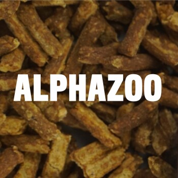 Nahaufnahme von knusprigen Haustierleckereien, die auf einer Oberfläche verstreut sind, mit dem fetten Text "ALPHAZOO", der in Weiß deutlich sichtbar ist.