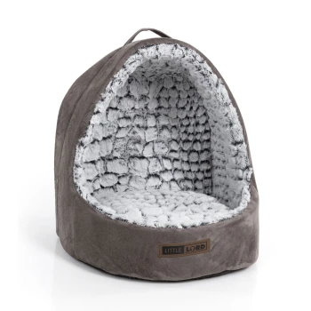 Gemütliches Haustierbett in Form einer Höhle, mit einem weichen grauen Äußeren und einem plüschigen grauen Inneren, beschriftet mit "LITTLE LORD."