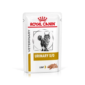 Veterinary Urinary S/O Mousse 12x85g Royal Canin Veterinary Urinary S/O Katzenfutterbeutel mit einem Bild einer flauschigen Katze, beschriftet mit "LOAF" und einem goldenen Streifen.