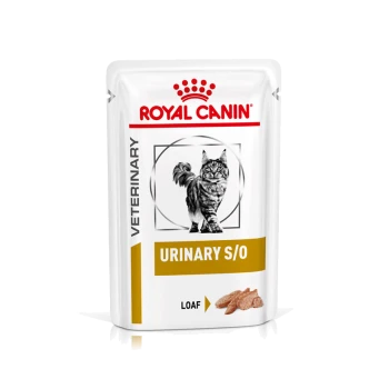 Royal Canin Veterinary Urinary S/O Katzenfutterbeutel mit einem Bild einer flauschigen Katze, beschriftet mit "LOAF" und einem goldenen Streifen.