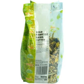 500g Beutel "Gold Hamster Basis Futter" mit Samen, Gemüse und Kräutern wie Hirse und Gerste.