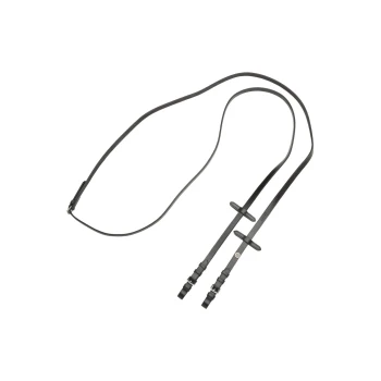 Schwarze Leder-Hundeleine mit verstellbaren Riemen und Metallclips, flach auf einem weißen Hintergrund ausgelegt.