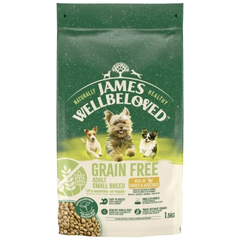 James Wellbeloved Grain Free Adult Small Breed dog food bag, rich in turkey & vegetable, 1.5kg, hypoallergenic, healthy skin & coat.