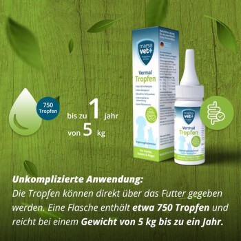 Vermal Tropfen für Haustiere, mit einer Tropfflasche und Verpackung, mit Text, der 750 Tropfen hervorhebt, geeignet für Haustiere bis zu 5 kg für ein Jahr.