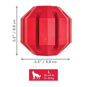 Roter facettierter Gummihundespielzeug-Ball, 3,5"/8,8 cm, mit Größenangabe 'L 30–65 lb 13–30 kg' und Hundesilhouette.