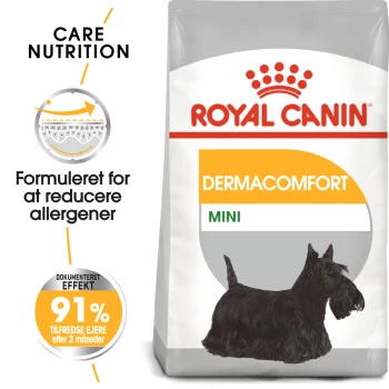 Royal Canin Dermacomfort Mini hondenvoerzak met een illustratie van een Schotse Terrier, met nadruk op allergenreductie en 91% eigenaarstevredenheid.