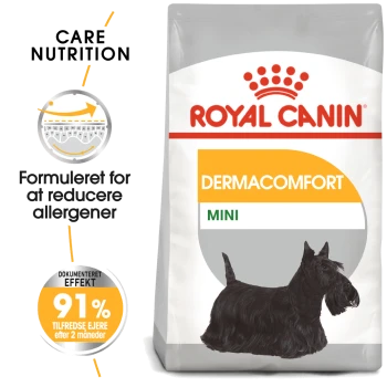 Royal Canin Dermacomfort Mini hondenvoerzak met een illustratie van een Schotse Terrier, met nadruk op allergenreductie en 91% eigenaarstevredenheid.