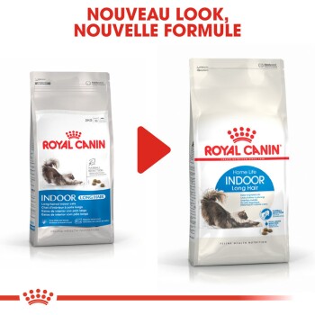 Image montrant deux sacs de nourriture pour chats Royal Canin pour chats d'intérieur à poils longs, avec une étiquette indiquant 'NOUVEAU LOOK, NOUVELLE FORMULE.'
