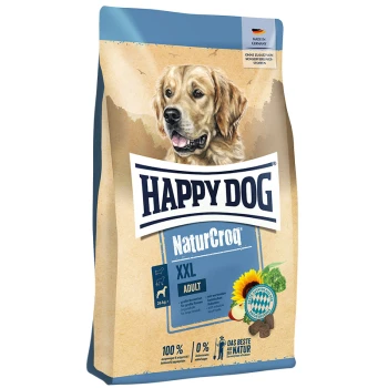 Happy Dog NaturCroq XXL Hundefutterbeutel mit einem Golden Retriever auf der Vorderseite, mit Text, der 100% natürliche Zutaten hervorhebt.