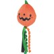 Orange plush pumpkin pet toy with smiling jack-o'-lantern face, green stem and dangling ribbon tails.