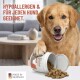 Golden Retriever mit Pfote auf umgestürztem Supplement-Behälter und verstreuten Tabletten; Text: 'HYPOALLERGEN & FÜR JEDEN HUND GEEIGNET.' und 'MADE IN GERMANY'.