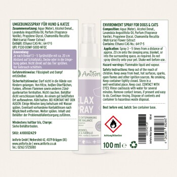 AniForte Relax Umgebungsspray für Hunde & Katzen — 100 ml, Gefahrensymbol ‚entzündlich‘, Inhalts- und Anwendungstext sichtbar.