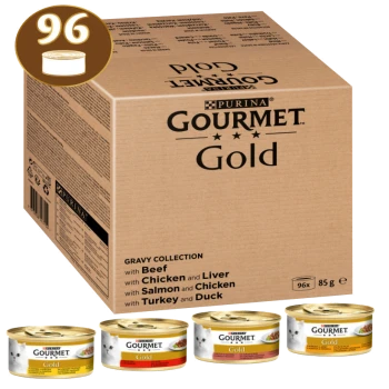 Schachtel mit Purina Gourmet Gold Katzenfutter, die 96 Dosen enthält, mit Geschmacksrichtungen: Rind mit Huhn und Leber, Lachs und Huhn, Truthahn und Ente.