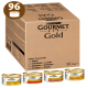 Schachtel mit Purina Gourmet Gold Katzenfutter, die 96 Dosen enthält, mit Geschmacksrichtungen: Rind mit Huhn und Leber, Lachs und Huhn, Truthahn und Ente.