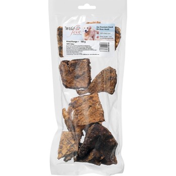Packung Wild & fein Hirschlunge Hundesnacks, 100g, 100 % natürlich, Premium-Snack ohne Zusatzstoffe oder Konservierungsmittel.