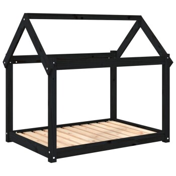 Schwarzer Holzrahmen für Haustiere mit einem schrägen Dachdesign und einem slatted Holzfuß, geeignet für kleine Tiere.