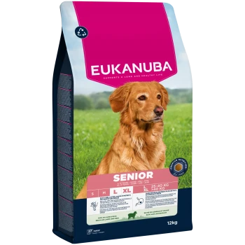 Sac de nourriture pour chien Eukanuba Senior avec un golden retriever, pour chiens de plus de 5 ans, riche en agneau et riz, 12 kg.