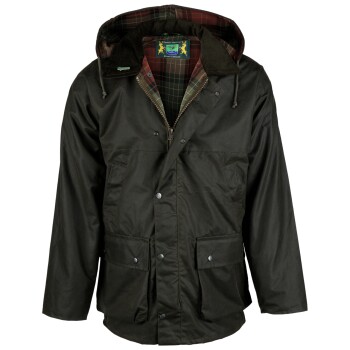 Dunkelgrüne Outdoor-Jacke mit kariertem Futter, Kapuze, Frontreißverschluss, Druckknöpfen und zwei großen Fronttaschen.