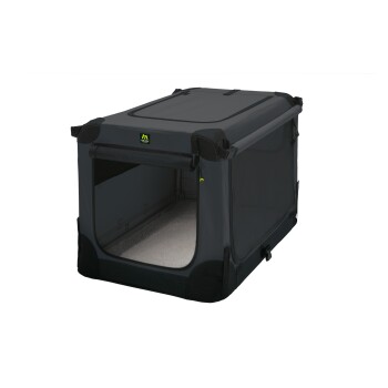 Tragbare schwarze Haustierbox mit Netzseiten und weichem Innenraum, mit einer oberen Öffnung und einem Logo auf der Vorderseite.