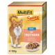 Verpackung für Katzenfutter mit einer roten Katze, beschriftet "MultiFit Sauce Adult mit Truthahn" mit einer Schüssel mit Nassfutter.
