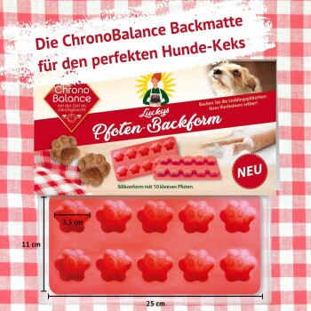 Silikonbackform für Hundeleckerlis in Form von Pfoten, mit 10 kleinen Pfotenabdrücken, mit Text, der 'ChronoBalance' und 'NEU' bewirbt.