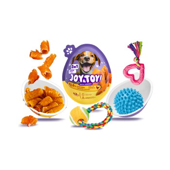 Joy & Toy 2in1 Haustier-Pack: lila Ei mit Hundemotiv, Hühnerleckerlis und Spielzeugen (Seil, Ball, Noppenball, rosa Ring)