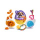 Joy & Toy 2in1 Haustier-Pack: lila Ei mit Hundemotiv, Hühnerleckerlis und Spielzeugen (Seil, Ball, Noppenball, rosa Ring)