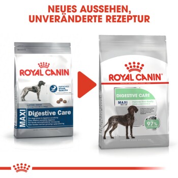 Vergleich der Verpackung von Royal Canin Digestive Care Hundefutter, mit einem neuen Design und dem Text 'Verbessert die Stuhlqualität' und '97% optimale Stuhlqualität.'
