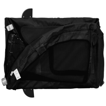 Schwarze Haustiertragetasche mit einem Netzseitenteil und einem gepolsterten Innenraum, mit verstellbaren Riemen und einer oberen Öffnung.