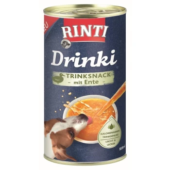 Drinki 24x185ml Ente Rinti Drinki Trinksnack mit Ente, ein Hundetrinksnack in einer 185ml Dose, mit einem Hund, der die Dose leckt, und Spritzern von Flüssigkeit.