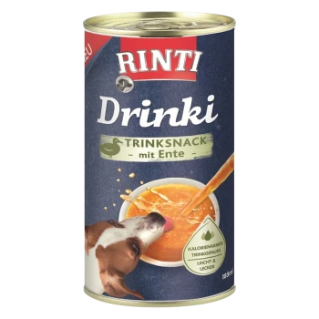 Rinti Drinki Trinksnack mit Ente, ein Hundetrinksnack in einer 185ml Dose, mit einem Hund, der die Dose leckt, und Spritzern von Flüssigkeit.