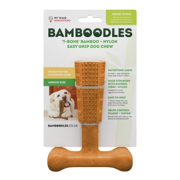 Peanut butter flavored T-Bone bamboo and nylon dog chew, medium size, with text highlighting its durability, grip, and plaque control.