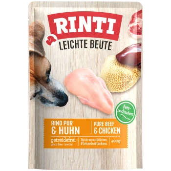 Hundfutterverpackung mit einer Nahaufnahme des Gesichts eines Hundes, mit dem Text "Rinti Leichte Beute", "Rind pur & Huhn" und "getreidefrei."