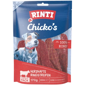 Packung RINTI Chicko's Hundesnacks mit Hunde-Porträt, Rinderstreifen und Aufschriften '100% RIND', 'Herzhafte Rindstreifen', '170g'.