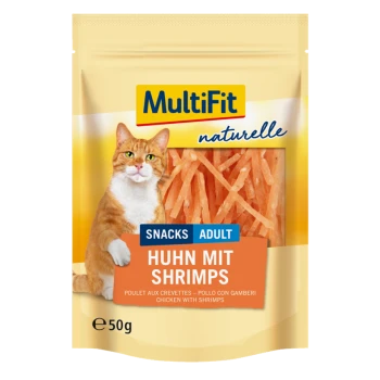 Verpakking van kattensnoepjes met een ginger kat, met de productnaam 'Huhn mit Shrimps' (Kip met Garnalen) prominent weergegeven.